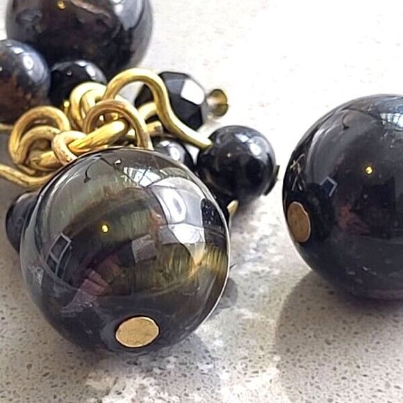 Vtg Tiger's Eye and Black Glass Beads Brasstone Earrings and Necklace Set Maya's - Picture 3 of 8